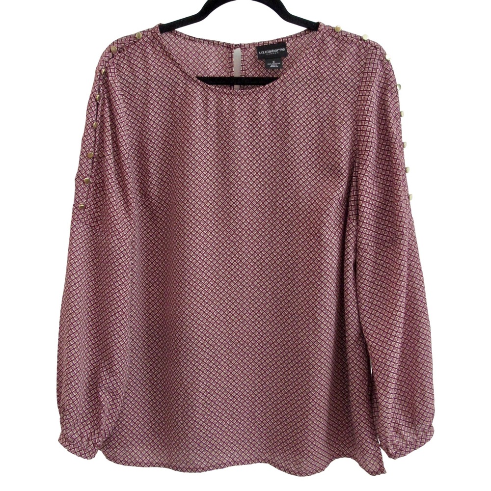 Liz Claiborne Career Burgundy Geometric Button‎ Shoulder Blouse Womens Medium M